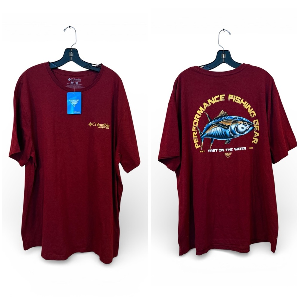 NWT Columbia Men 2XT Maroon Performance Fishing Graphic T-Shirt